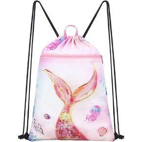 Drawstring Backpack for Kids - Girls Dance Bag,Sport Gym Beach Swim Travel Daypack With Two Water Bottle Holder