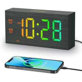 Alarm Clock,Digital Alarm Clock for Bedroom,RGB Wooden Alarm Clocks with Dual Alarm,Large Display,9 Min Snooze,5 Level Brightness,USB Port Desk Bedside Clock for Child Girls Wood Décor,with Adapter