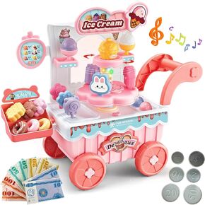 Ice Cream Cart Toy Play Set for Kids, Pretend Play Ice Cream Shop Kitchen Food Toys, Montessori Educational Ice Cream Truck Toys for Toddlers 3-5 Preschool Learning Activities (Green)