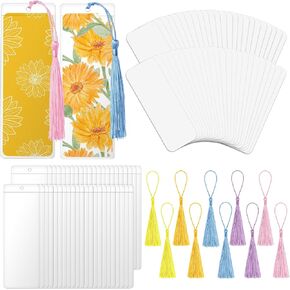 SBYURE 50 Sets Blank Bookmarks Cardstock with Tassels PVC Tags Clear Bookmark Sleeves Bookmark Kit with Hole for DIY Classroom Projects Gifts Tags,Wedding Graduation Craft DIY Projects Party Favor