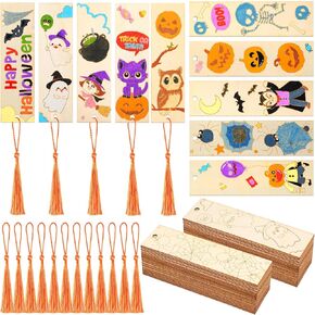 Frienda 100 Pcs Color Your Own Halloween Wooden Bookmarks DIY Coloring Halloween Bookmarks Bulk Halloween Crafts Blank Bookmarks with Tassels for Halloween Crafts Gifts Kits, 10 Styles