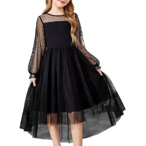 Arshiner Girls Dresses Contrast Mesh Long Sleeve Twirly High Low Birthday Party Formal Dress