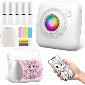 Mini Printer Portable Printer with 13 Rolls Paper Storage Bag Thermal Sticker Printer Bluetooth App for Phone for Notes Pictures DIY Label Gift for Kids Friends