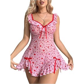 Verdusa Women's 2 Piece Lingerie Set Ruffle Hem Babydoll Nightgown with Thongs