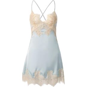 Lilosy Sexy Silk Lace Up Backless Satin Applique Floral Lace Babydoll Lingerie Dress with Tong 2 Piece