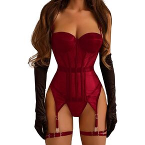 Lilosy Sexy Strappy Garter Belt Underwire Push Up Mesh Sheer Babydoll Lingerie Women Teddy Bodysuit Corset Bustier Chemise Nightgown Nightshirt See Through 2 Piece Burgundy Red Medium