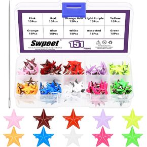 Swpeet 151Pcs 15.7mm 10 Colors Metal Star Studs Claw 5-Claw with Large Eye Needles Kit, Hand Pressed Punk Studs Rivets, Leather Rivets Ideal for DIY Leather Clothing Dog Collars Bracelets