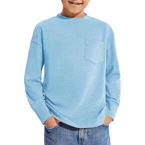 Haloumoning Boys Long Sleeve Shirts Kids Fashion Crewneck Side Slit Tops Tees with Pocket 5-14 Years