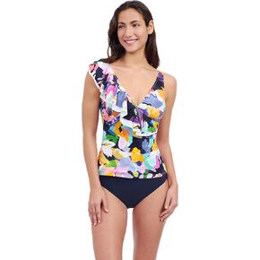 Profile by Gottex Holi Abstract Floral Print Women’s Ruffle Surplice Tankini Bathing Suit Top with Soft Cups