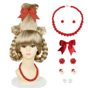Probeauty Christmas Wig Long Blonde Braid Wig for Women Girls Halloween Costume Cosplay Wig with Ribbon Bow + Wig Cap