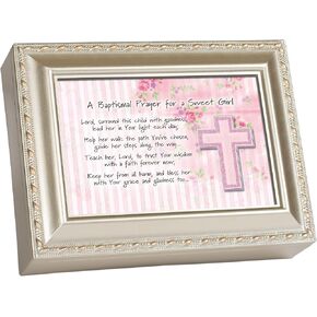 Cottage Garden Baptismal Prayer Girl Pink Champagne Silver Finish Jewelry Music Box Plays Jesus Loves Me