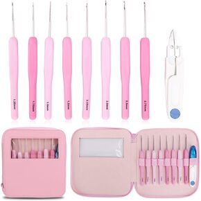 مجموعة خطافات كروشيه بيسوما 10 قطع مع حقيبة، مجموعة خطافات كروشيه مريحة باللون الوردي للمبتدئين، قبضة ناعمة، إبر طويلة جدًا، طقم كروشيه مع مقص خيط للحياكة والخياطة، مقاس 8 (1.0-2.75 مم) in Kuwait