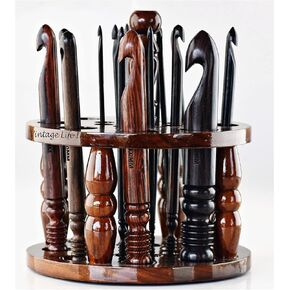 DnU Avenue Rosewood Ergonomic Crochet Hooks Set of 15-3.5 MM to 25 MM with Vintage Carved Bowl, Wooden Yarn Crochet Hooks Set for Arthritic Hands, Knitting & Crochet Hooks, Easy Grip in Brown Color