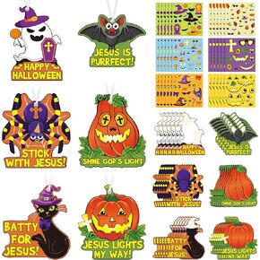 Outus 36 Sets Halloween Craft Christian Jesus Pumpkin Stickers Religious Pumpkin Craft Kits Halloween Ornament Decoration Christian Classroom Craft for Home Class Halloween Party Favor Supplies