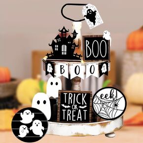 Halloween Tiered Tray Decor - Halloween Tiered Tray Decorations Set 14 Pcs Halloween Tray Decor Ghost Wooden Signs Boo Black Trick Or Treat Farmhouse Rustic Tray Decor for Halloween Decorations Indoor