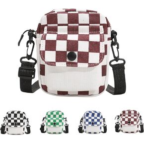 Small Checkered Crossbody Messenger Purse for Women/Man,Cute Shoulder Bag whit Detachable Strap