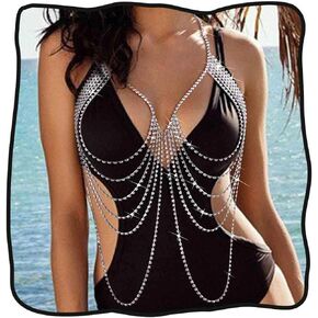 DRESBE Layered Rhinestone Body Chain Jewelry Silver Sparkly Crystal Summer Beach Chest Chains Bra Accessories for Women