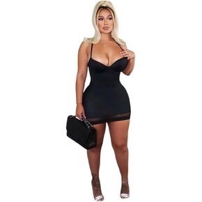 Women Sexy Spaghetti Strap Bodycon Mini Dress Sweetheart Neckline Mesh Hem Short Dresses for Club Party Night