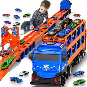 Racing Car Railway Truck Toy for Boys 2 3 4 5 6 7 Years Old - 78.7-inch Transport Carrier Trucks, Foldable Railway Storage, die-cast Car, for Toddlers and Kids Aged 3-5