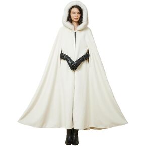 BEAUTELICATE Wedding Cape Hooded Cloak for Bride Winter Wool Cape Fur Hood with Fur Trim