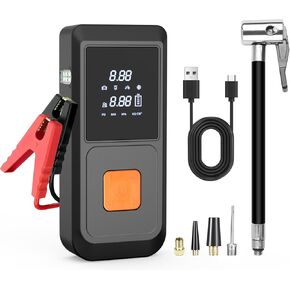 Portable Car Jump Starter, 12V Cordless Rechargeable Emergency Battery Jump Starter, LED Light, 8000mAh Digital Tire Air Compressor with Gauge/Black + Orange