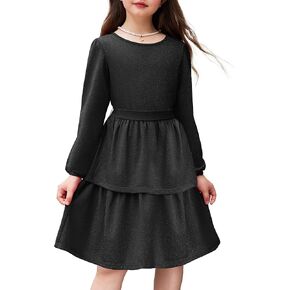 Arshiner Girls Dress Fall Sparkly Glitter Puff Sleeves Layer Party Dresses with Belt