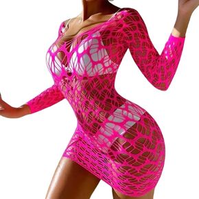 Babydoll Lingerie for Women, Pink Fishnet Bodysuit, Lace Mesh Chemise, Sexy Lingerie for Women (One Size)