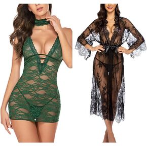 Avidlove Women Babydoll Lingerie (Dark Green,Large) and Women Long Kimono (Black,Large)
