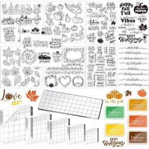 20 Pcs Fall Clear Stamp 4 Sheet Thanksgiving Words Clear Stamps 5 Sheet Autumn Leaves Pumpkin Gnome Stamps 6 Stamp Blocks 5 Ink Pads for DIY Craft Card Making Scrapbooking Embossing Album