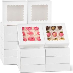 9" x 9" x 2.5" Auto Pop-up Pie Boxes with Window, 20 Pack White Cookie Boxes Chocolate Covered Strawberries Boxes Bakery Boxes for Donuts, Muffins, Cheesecakes, Treats