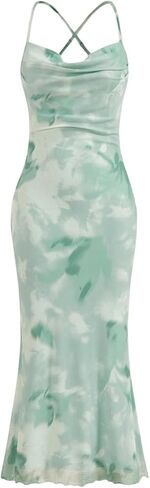 Milumia Women's Floral Ruched Mesh Bodycon Maxi Dress Cowl Neck Long Cami Dress in Kuwait