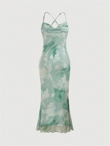 Milumia Women's Floral Ruched Mesh Bodycon Maxi Dress Cowl Neck Long Cami Dress in Kuwait