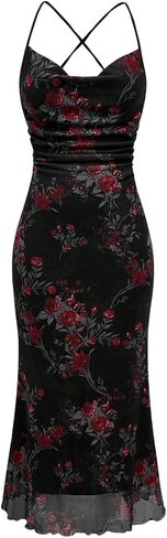 Milumia Women's Floral Ruched Mesh Bodycon Maxi Dress Cowl Neck Long Cami Dress in Kuwait