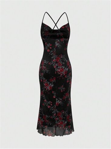 Milumia Women's Floral Ruched Mesh Bodycon Maxi Dress Cowl Neck Long Cami Dress in Kuwait
