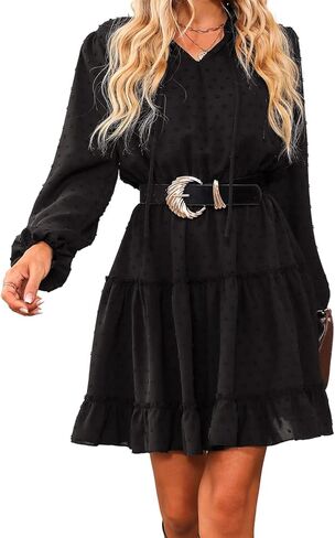 فستان نسائي قصير من CUPSHE برقبة على شكل حرف V وأكمام طويلة ورباط مكشكش باللون الأخضر in Kuwait