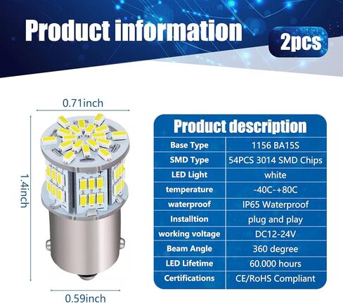 2 قطعة 1157 مصباح فرامل LED للسيارة، 3014 54SMD اتصال مزدوج واحد 360 درجة بدون إضاءة ميتة مع عدم وجود لمبة بقع عمياء، ملحقات إضاءة التوصيل والتشغيل، للسيارات والدراجات النارية (أبيض) in Kuwait