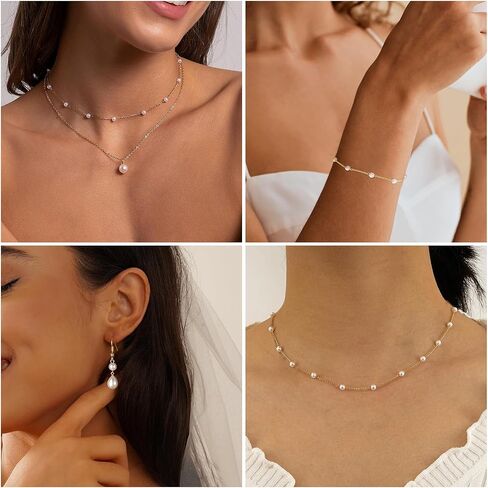DIBOLA Gold Jewelry Set for Women, Dainty Layered Necklaces 14K Gold/Silver Pearl Necklaces for Women Pearl Necklace and Earring Set Pearl Earrings Pearl Bracelets Pearl Choker Wedding Bride Jewelry in Saudi Arabia