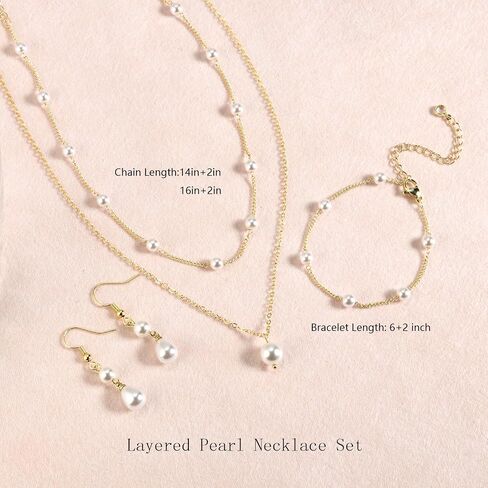DIBOLA Gold Jewelry Set for Women, Dainty Layered Necklaces 14K Gold/Silver Pearl Necklaces for Women Pearl Necklace and Earring Set Pearl Earrings Pearl Bracelets Pearl Choker Wedding Bride Jewelry in Saudi Arabia
