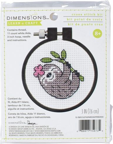 DIMENSIONS Smiling Sloth Counted Cross Stitch Kit for Beginners, 11 Ct. White Aida Cloth, Finished Project 3" Diameter, Multicolor 5 Piece in Kuwait