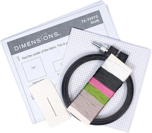 DIMENSIONS Smiling Sloth Counted Cross Stitch Kit for Beginners, 11 Ct. White Aida Cloth, Finished Project 3" Diameter, Multicolor 5 Piece in Kuwait