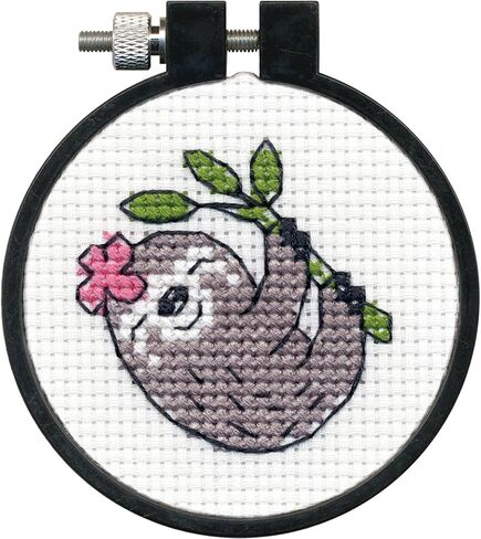 DIMENSIONS Smiling Sloth Counted Cross Stitch Kit for Beginners, 11 Ct. White Aida Cloth, Finished Project 3" Diameter, Multicolor 5 Piece in Kuwait