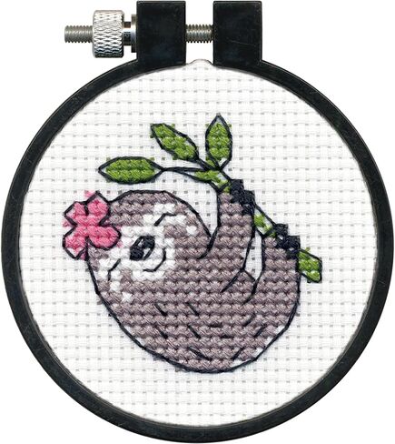 DIMENSIONS Smiling Sloth Counted Cross Stitch Kit for Beginners, 11 Ct. White Aida Cloth, Finished Project 3" Diameter, Multicolor 5 Piece in Kuwait