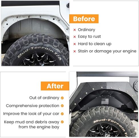 Front+Rear Inner Fender Liners for Jeep Wrangler JK JKU 2007-2018 4WD US Flag Logo Corrosion-Resistant Aluminum Lightweight Design Splash Guards (Black) in Kuwait