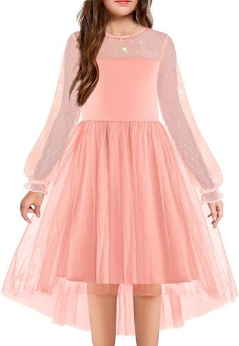 Arshiner Girls Dresses Contrast Mesh Long Sleeve Twirly High Low Birthday Party Formal Dress in Saudi Arabia