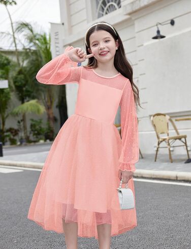 Arshiner Girls Dresses Contrast Mesh Long Sleeve Twirly High Low Birthday Party Formal Dress in Saudi Arabia