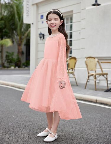 Arshiner Girls Dresses Contrast Mesh Long Sleeve Twirly High Low Birthday Party Formal Dress in Saudi Arabia