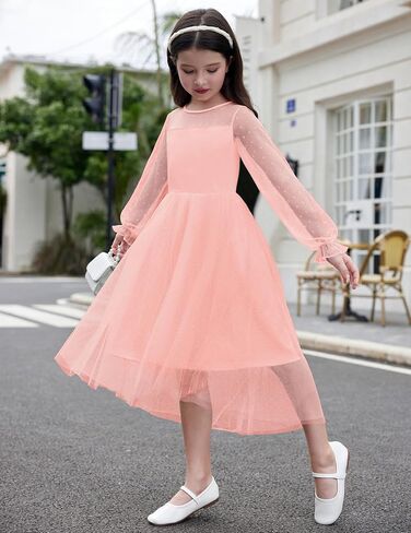 Arshiner Girls Dresses Contrast Mesh Long Sleeve Twirly High Low Birthday Party Formal Dress in Saudi Arabia