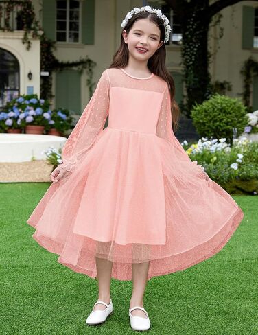 Arshiner Girls Dresses Contrast Mesh Long Sleeve Twirly High Low Birthday Party Formal Dress in Saudi Arabia
