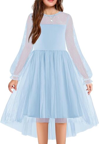 Arshiner Girls Dresses Contrast Mesh Long Sleeve Twirly High Low Birthday Party Formal Dress in Saudi Arabia