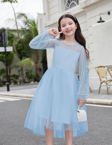 Arshiner Girls Dresses Contrast Mesh Long Sleeve Twirly High Low Birthday Party Formal Dress in Saudi Arabia